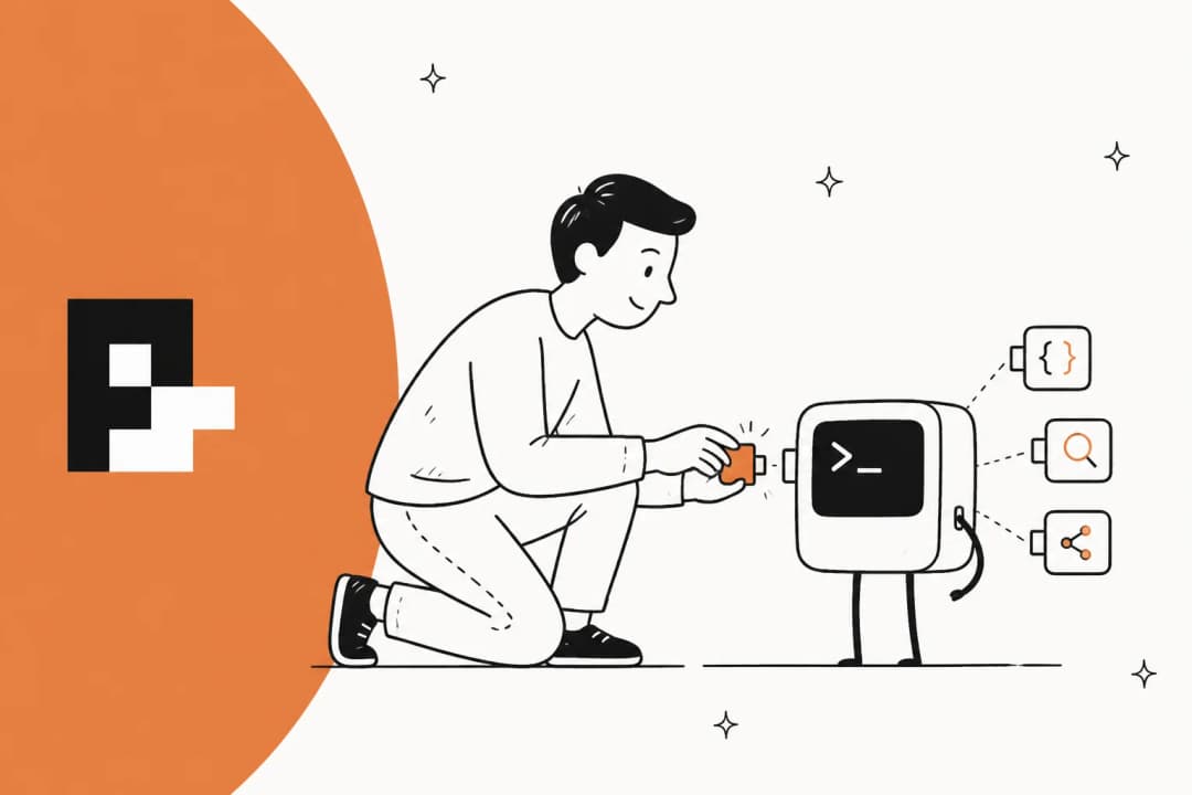 Hand-drawn banner of a developer snapping an orange extension block onto a small terminal robot, next to the Pi pixel logo on an orange background