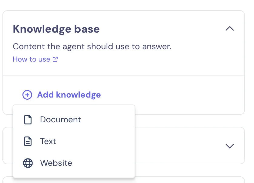 Landbot knowledge base panel with an Add knowledge menu offering Document, Text and Website, from Landbot's help center