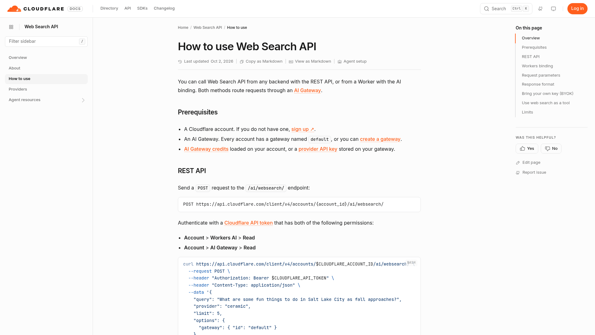 The How to use Web Search API docs page, showing prerequisites and the REST endpoint with a curl example, as taken from the Cloudflare docs