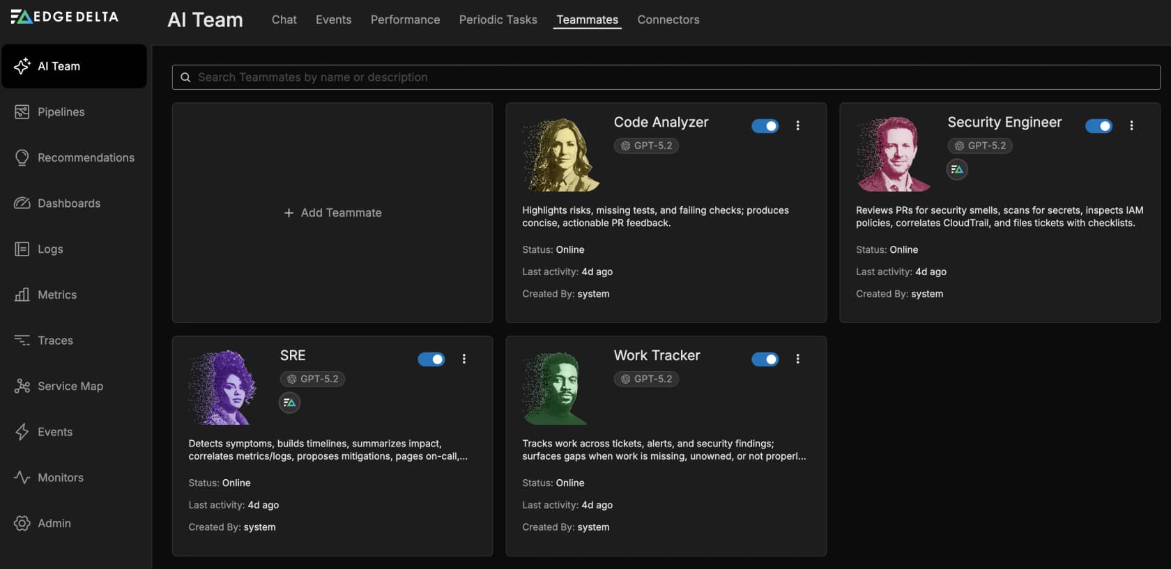 Edge Delta's AI Team showing the built-in Teammates roster, as taken from Edge Delta docs