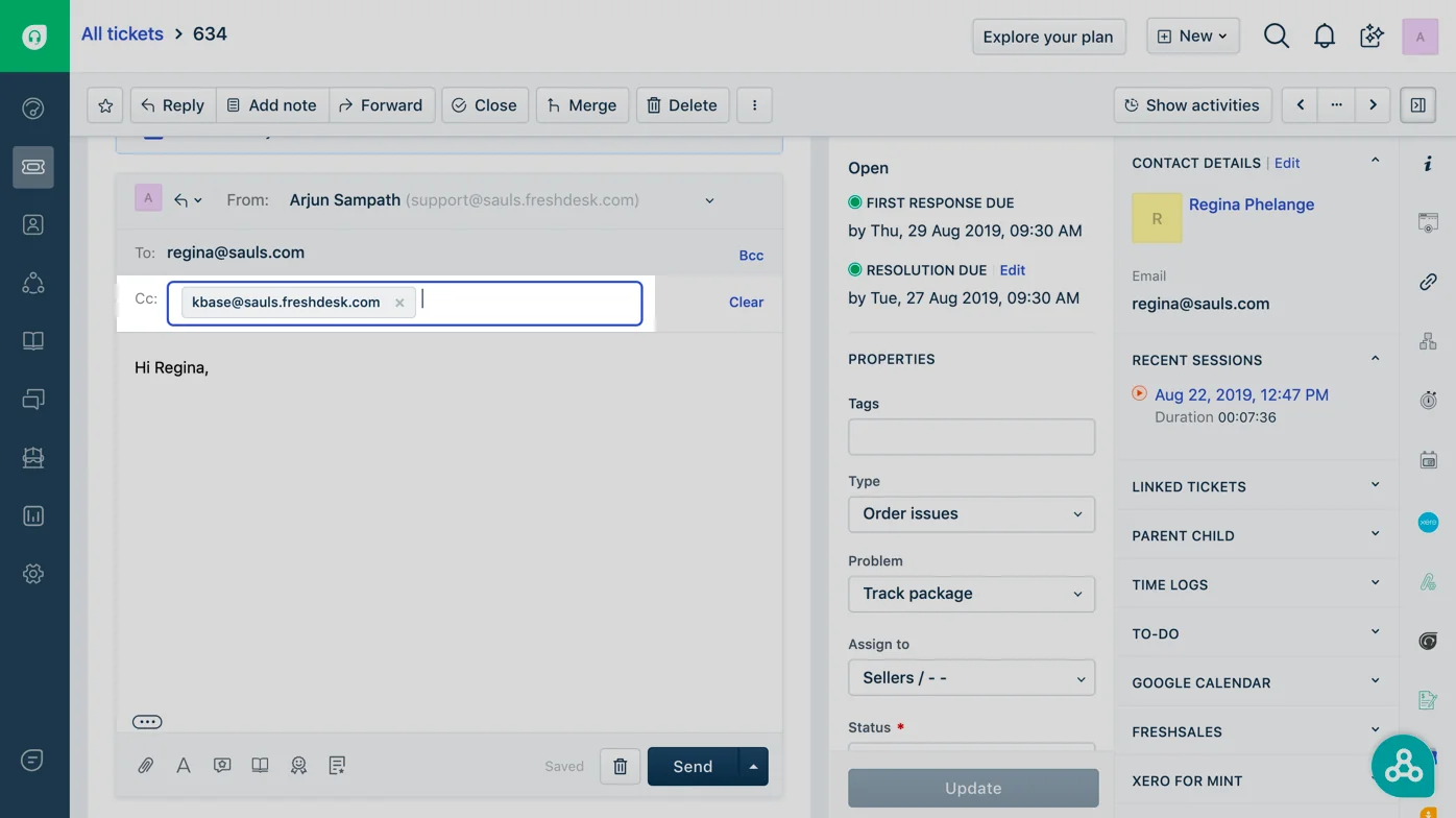 Freshdesk showing an agent reply BCC'd to the kbase address to create a draft article