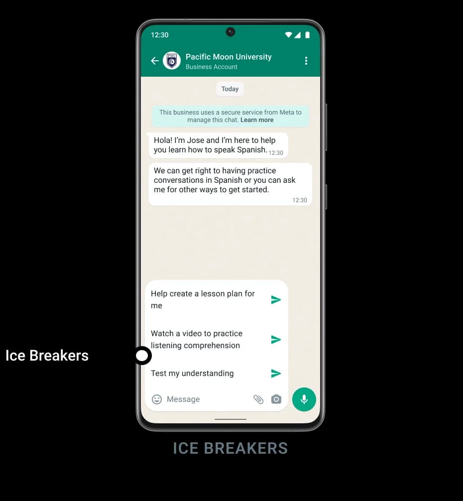 WhatsApp chat for a language school showing three ice breaker prompts above the message box, as taken from Meta for Developers