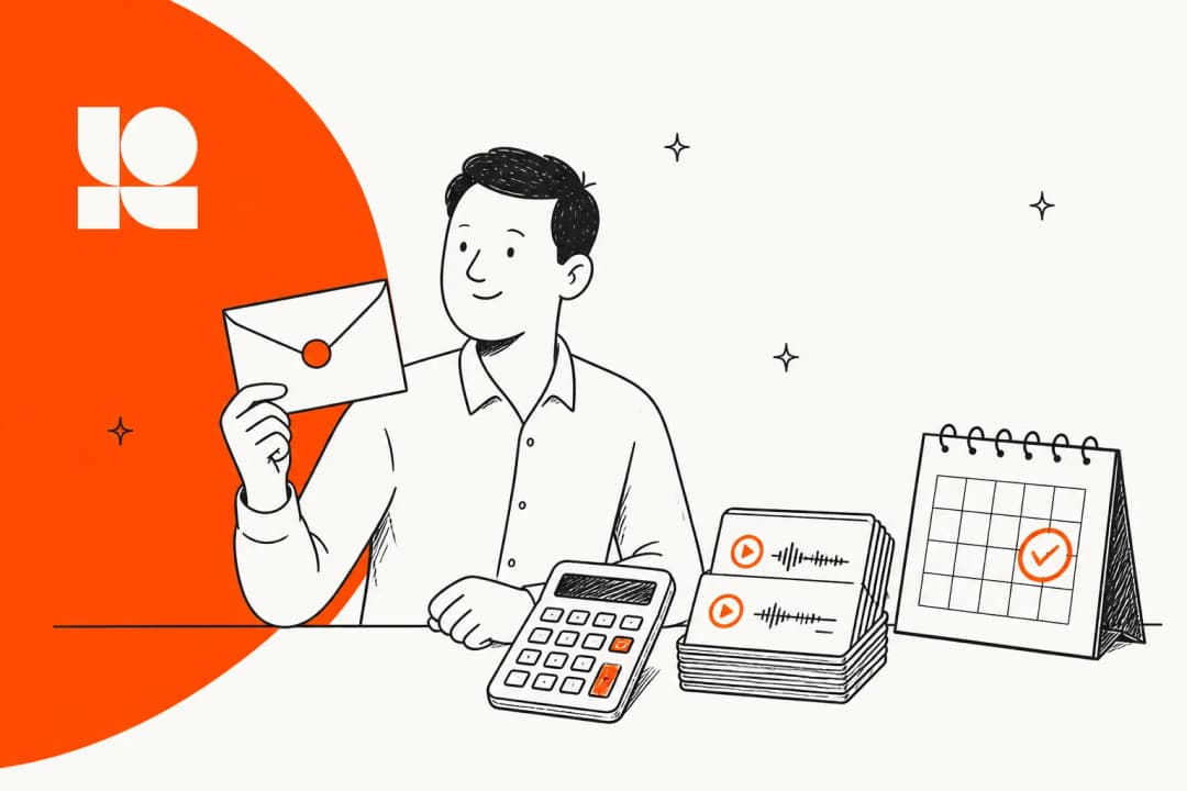 Hand-drawn illustration of a contact center buyer holding a sealed quote envelope next to a calculator, a stack of call recordings and a calendar, for a Level AI pricing post
