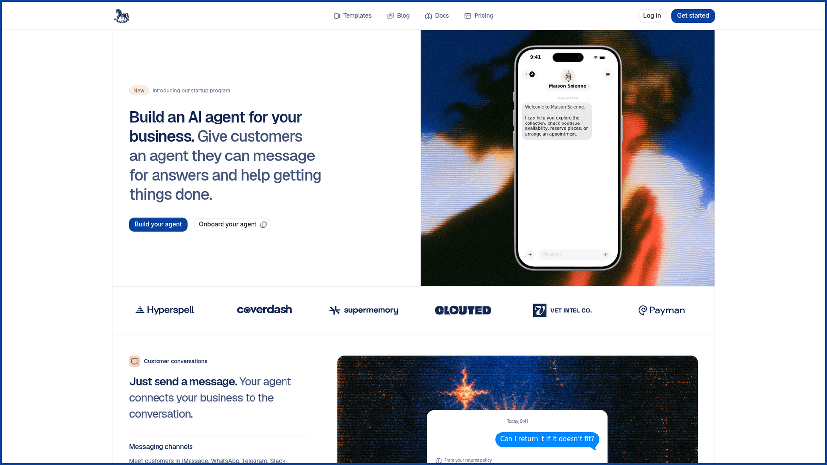 Keiki's homepage headlined "Build an AI agent for your business. Give customers an agent they can message for answers and help getting things done," with a phone showing a boutique's agent greeting, as captured from onkeiki.com