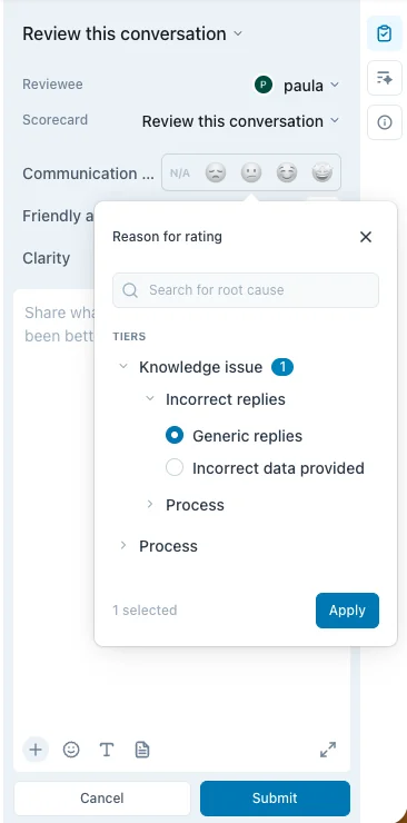 Zendesk QA review panel with a Reason for rating picker showing tiers Knowledge issue, Incorrect replies with Generic replies and Incorrect data provided, and Process, as taken from Zendesk's help center