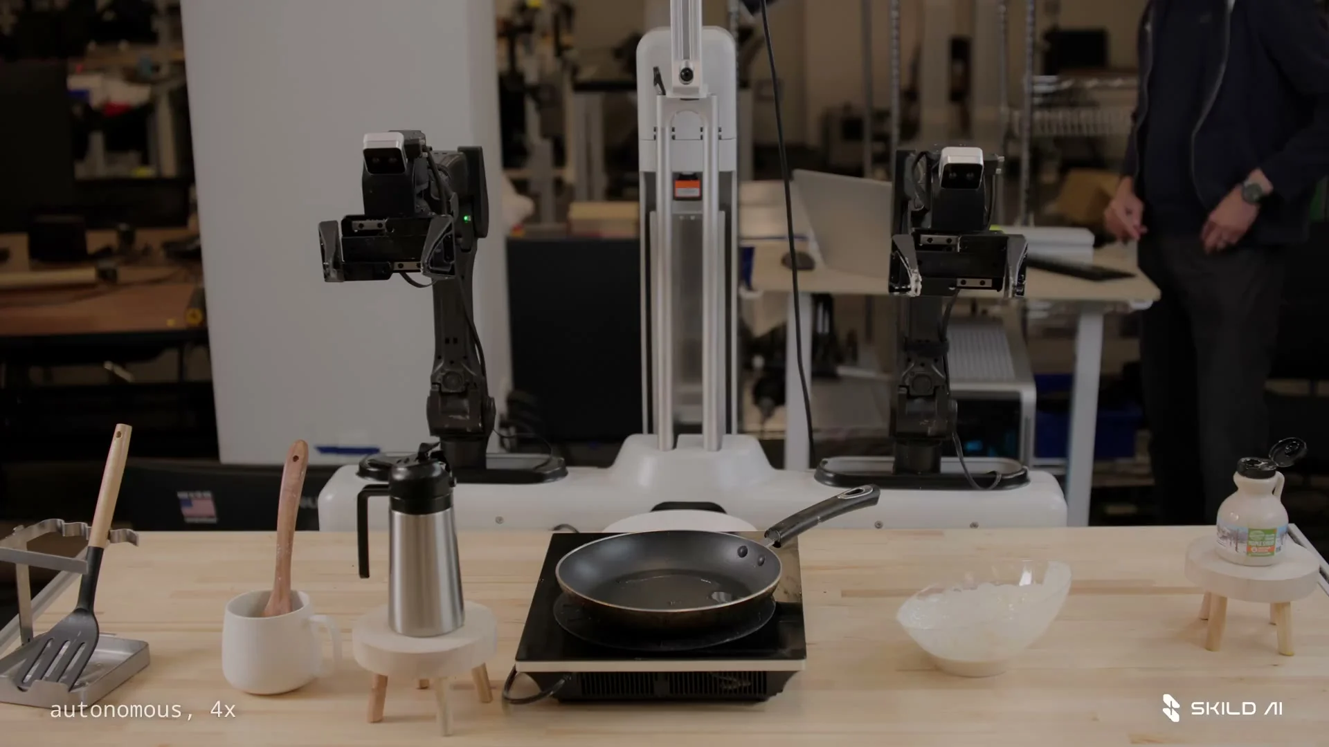A Skild robot flipping a pancake, one of four unseen tasks driven by a single demonstration, as taken from Skild AI
