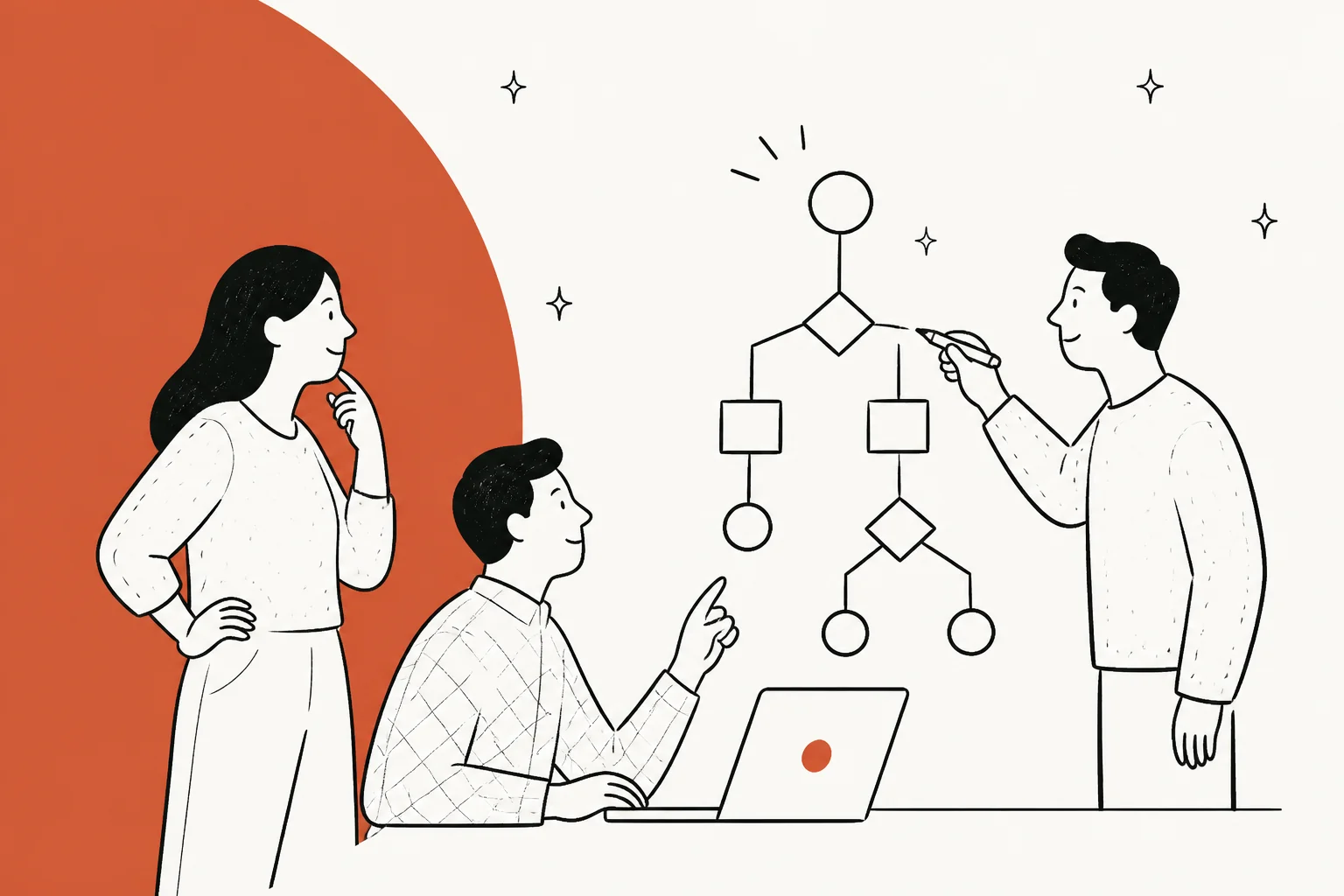 Editorial illustration of a decision engine being scored in review, in Laya terracotta