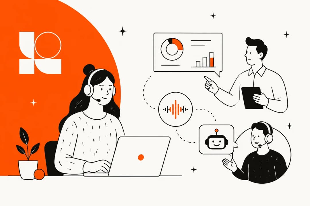 Hand-drawn illustration of a contact center agent and a manager reviewing QA scores, sentiment and a voice AI agent, with the Level AI logo on an orange background