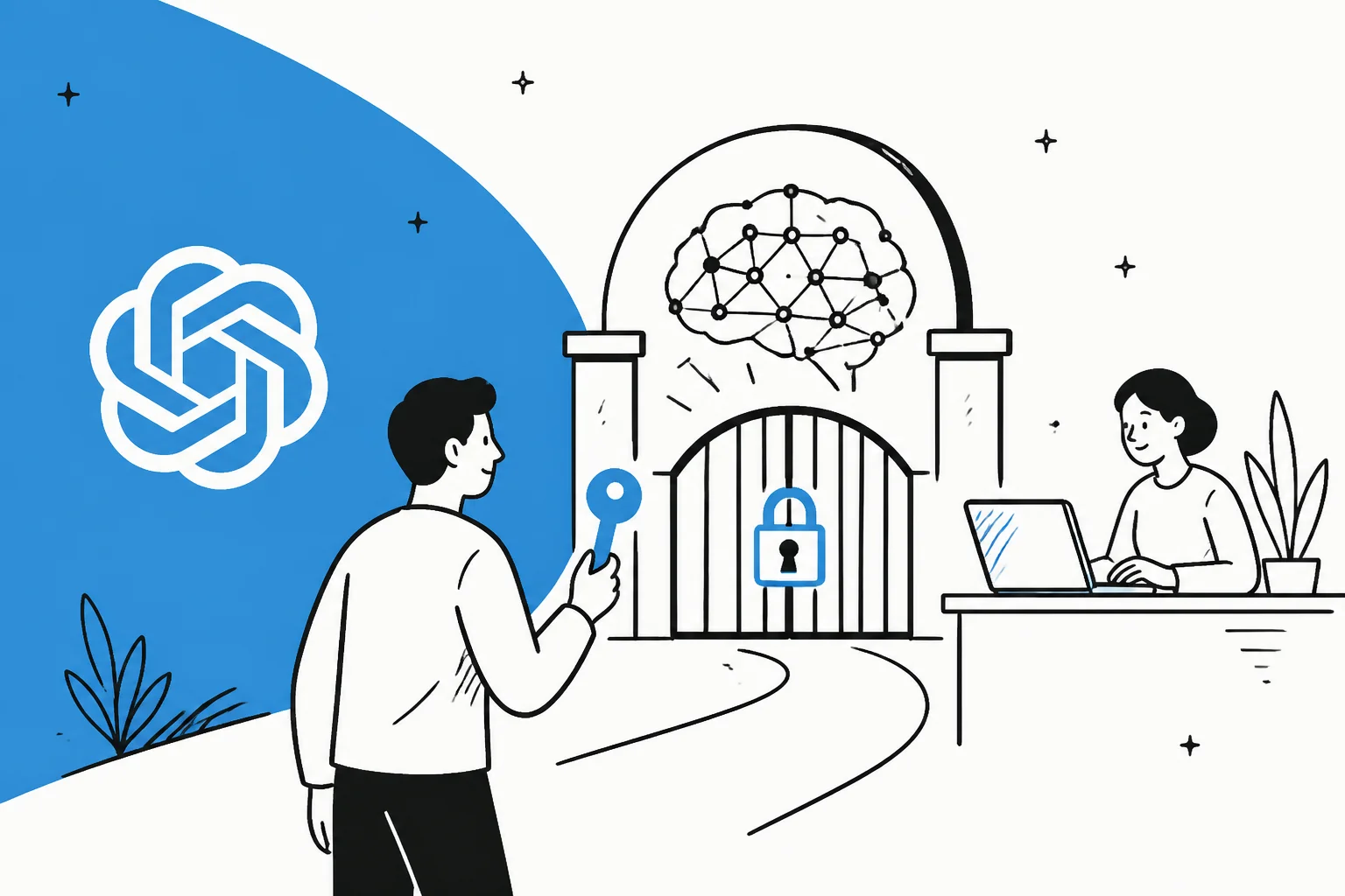 Illustrated hero banner showing a locked gate with the OpenAI logo, representing GPT-5.6-Cyber's vetted access model