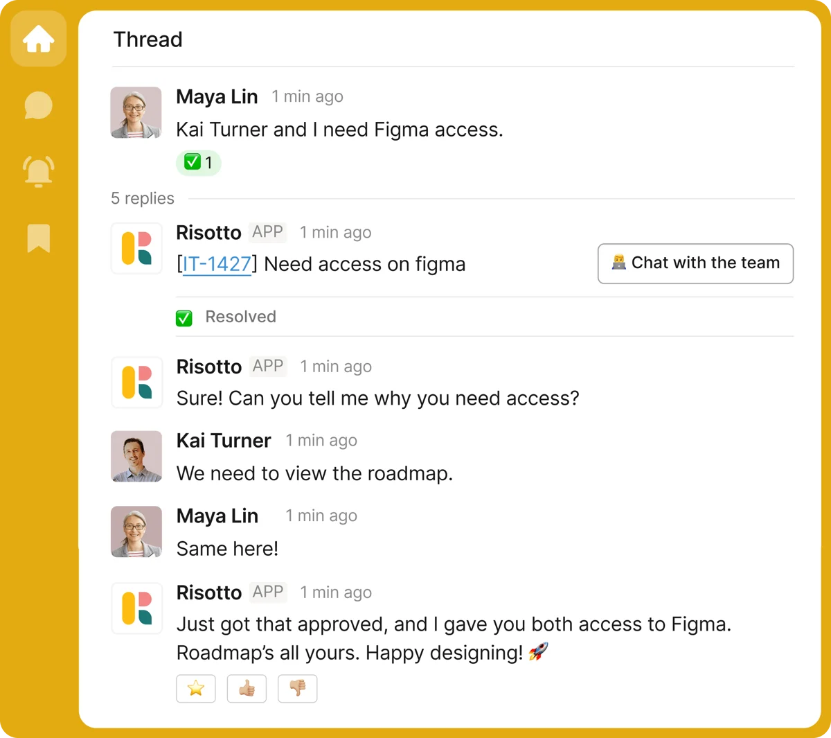 Risotto handling a Figma access request in Slack: it opens a ticket, asks why access is needed, captures approval, and grants it, from Risotto's product demos