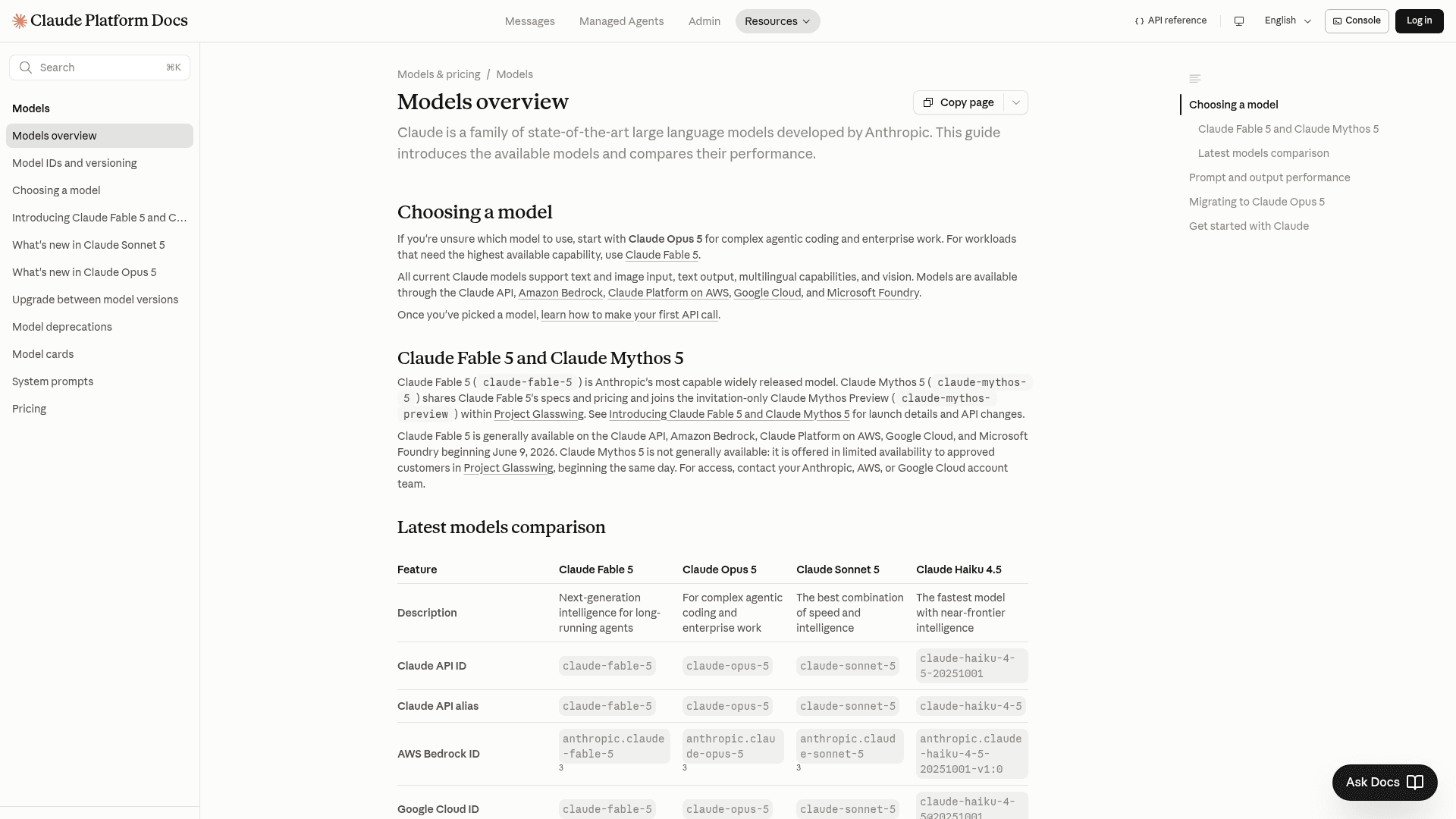 The Claude Platform docs models overview comparing Fable 5, Opus 5, Sonnet 5 and Haiku 4.5, with Haiku described as the fastest model with near-frontier intelligence, as taken from Anthropic