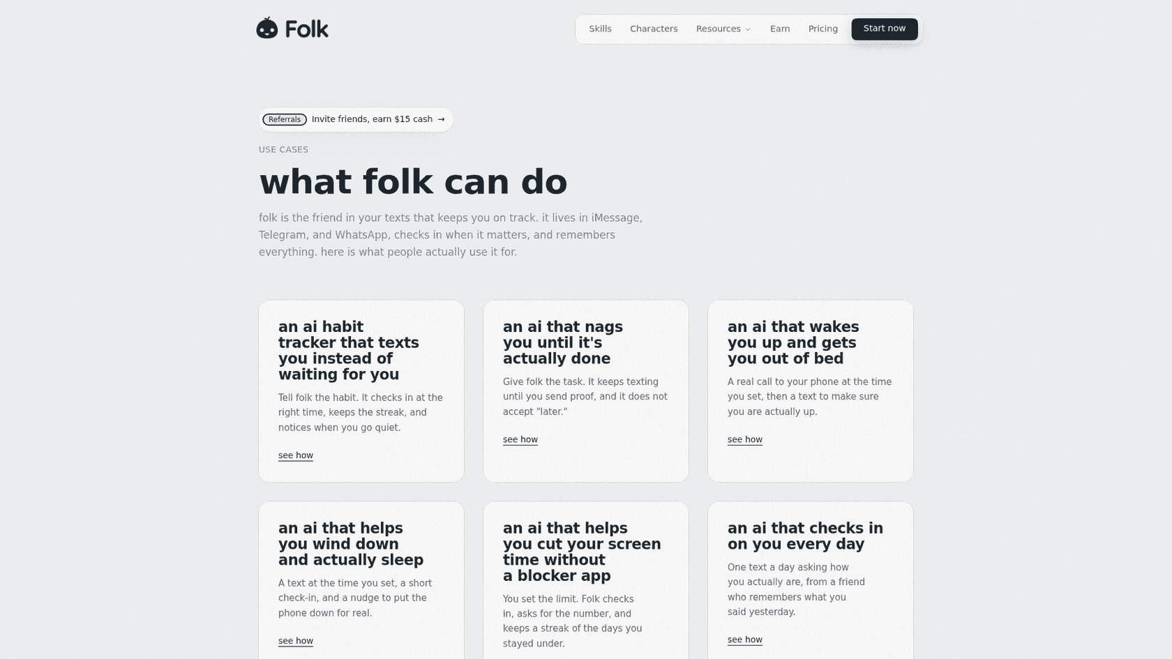 Folk's use cases page headlined "what folk can do," with cards for an AI habit tracker, an AI that nags you until it's done, a wake-up call, a wind-down routine, a screen time coach and a daily check-in, as captured from folk.com