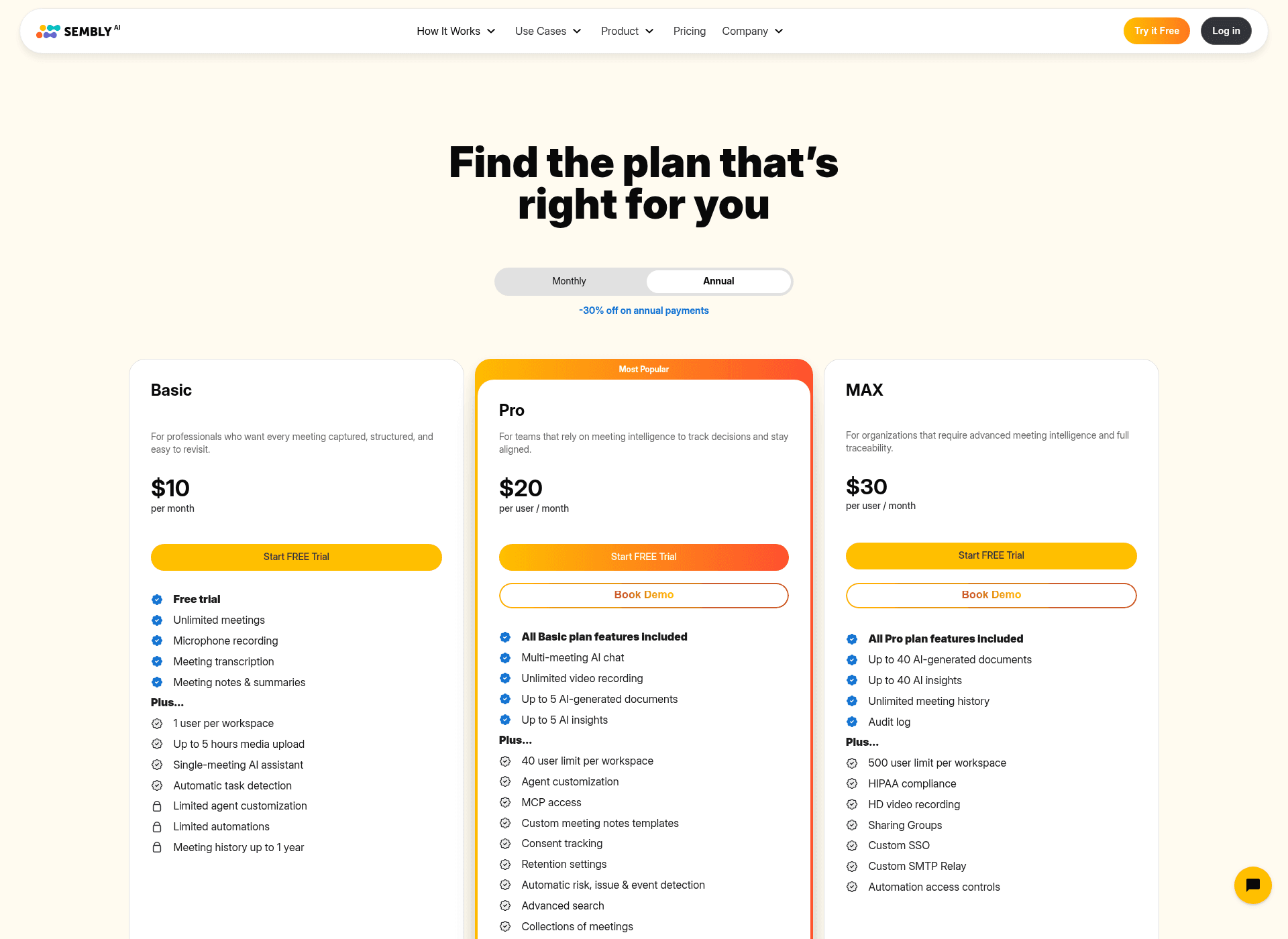 The Sembly AI pricing page showing Basic at $10, Pro at $20 and MAX at $30 with the Annual tab already selected, as taken from Sembly