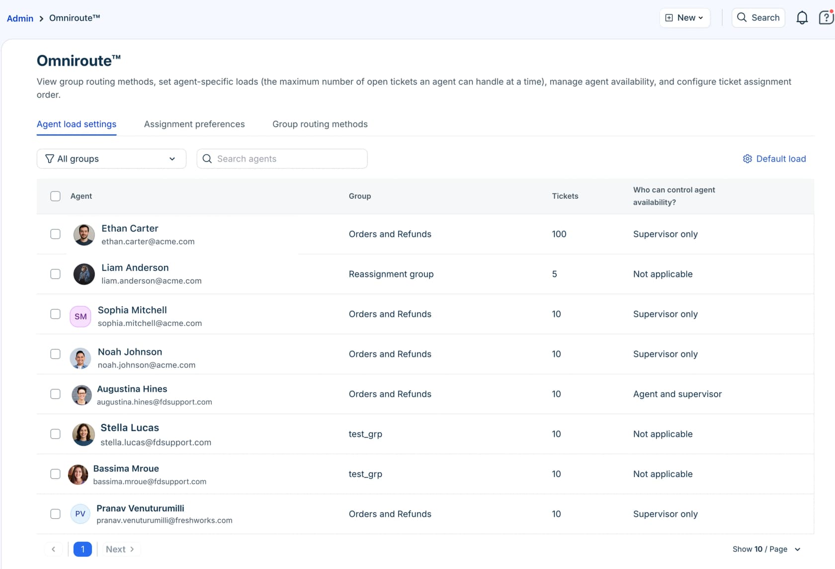 Freshdesk Omniroute admin screen showing agent load settings with per-agent ticket limits and availability controls, as taken from Freshdesk support