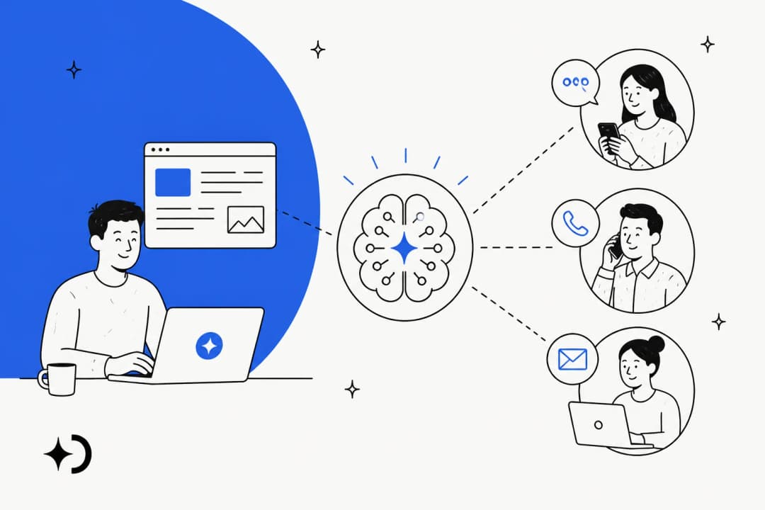 Hand-drawn illustration of a person at a laptop feeding a website into a central AI brain that answers customers by chat, phone and email, with the Dante logo on a blue background