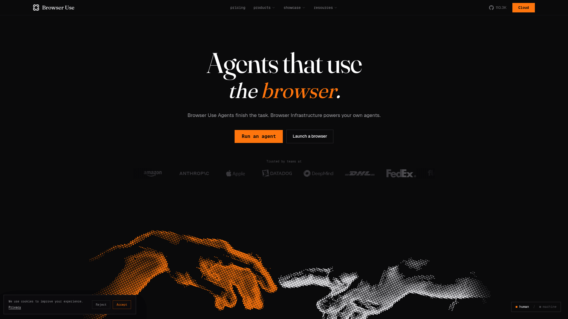 Browser Use homepage showing its stealth browser infrastructure and agent API, as taken from Browser Use