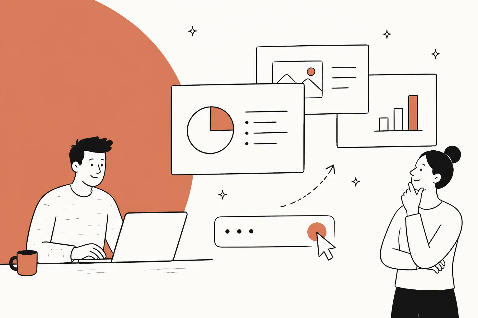 Illustration of a chat cursor turning a few notes into a stack of presentation slides.