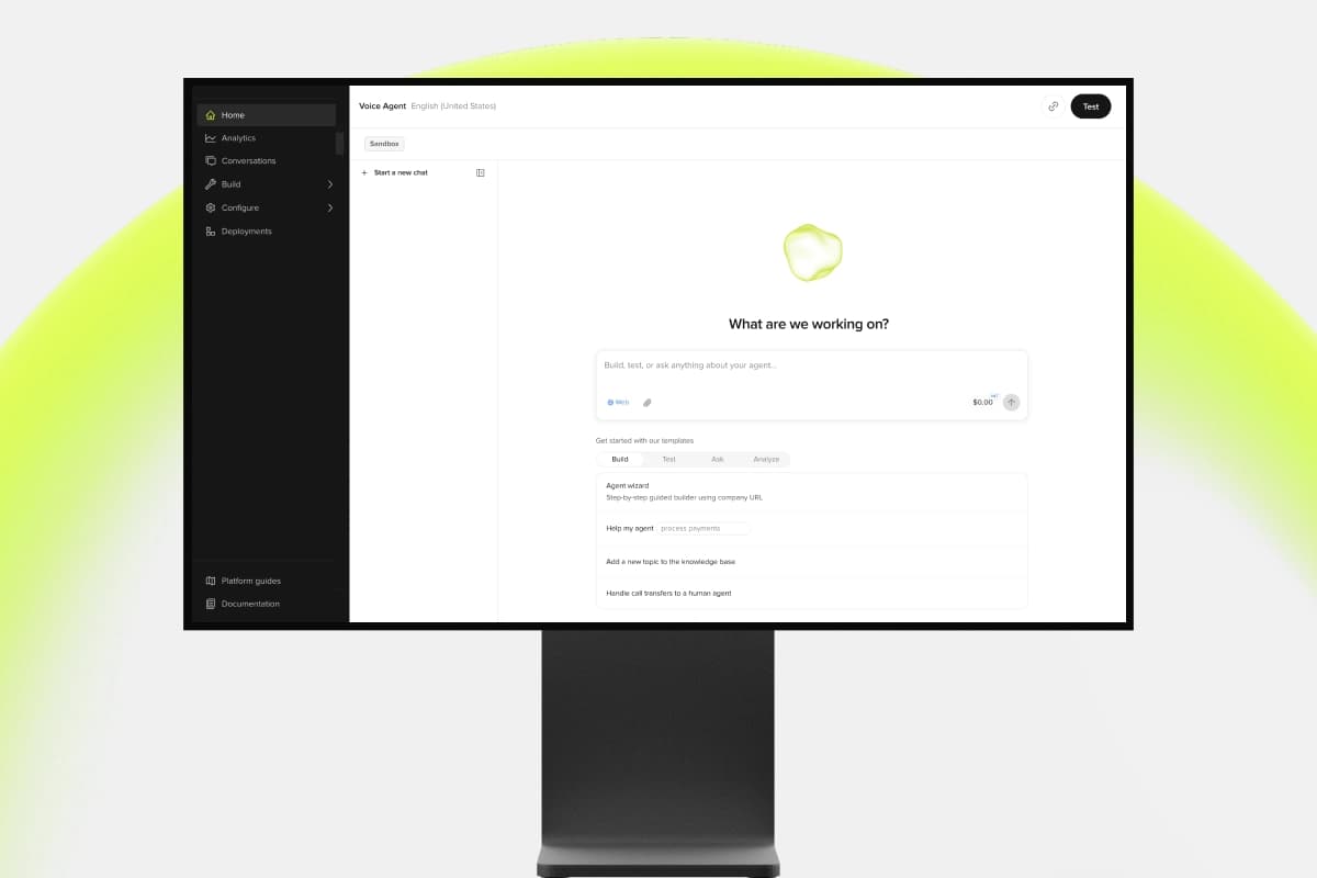 PolyAI Agent Studio with a sandbox chat prompt and starter templates for adding a knowledge base topic and handling call transfers to a human agent, as taken from PolyAI