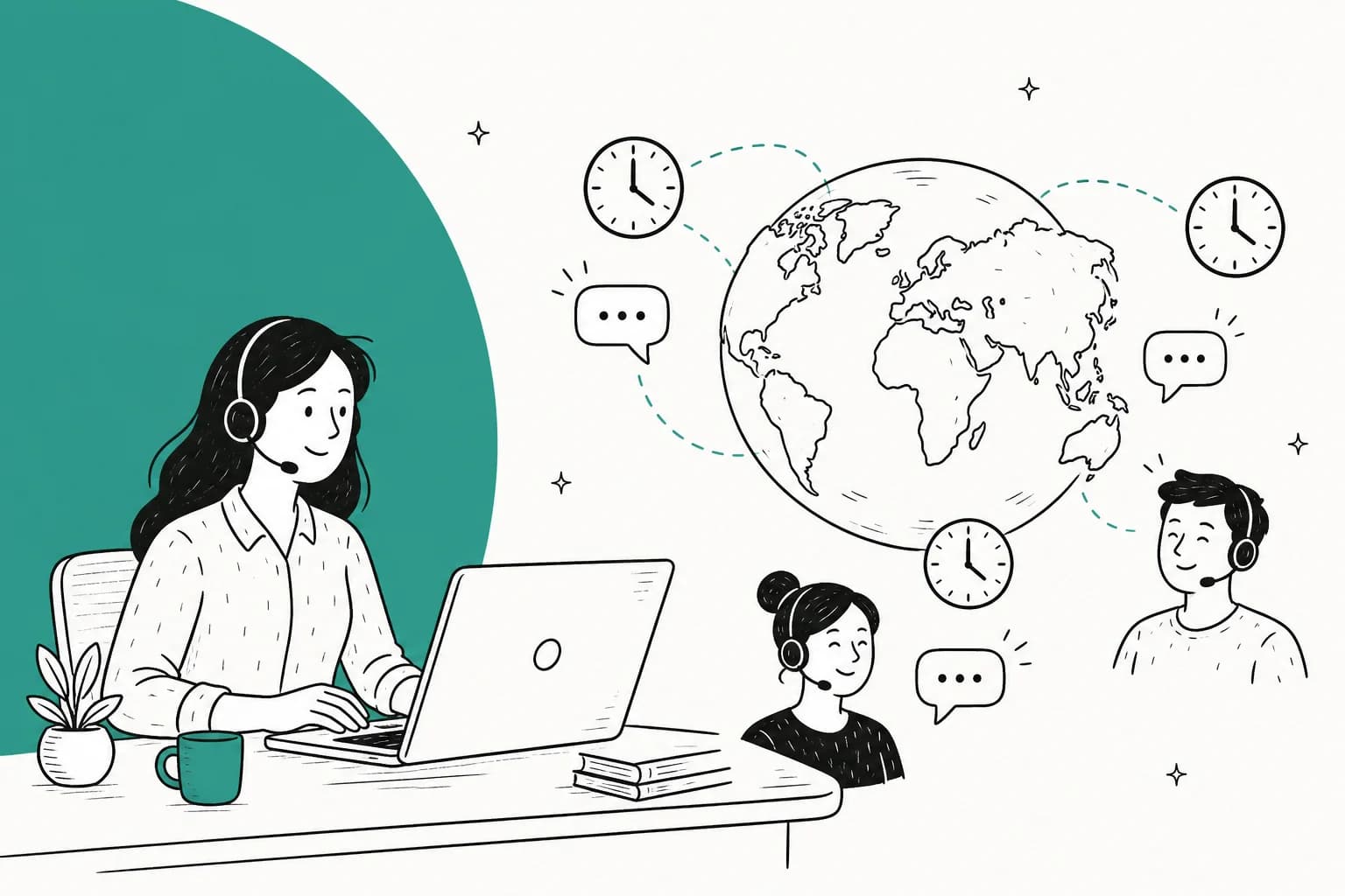 Hand-drawn illustration of a support agent at a laptop, with a globe, clocks for different time zones and chat bubbles passing between offshore teammates