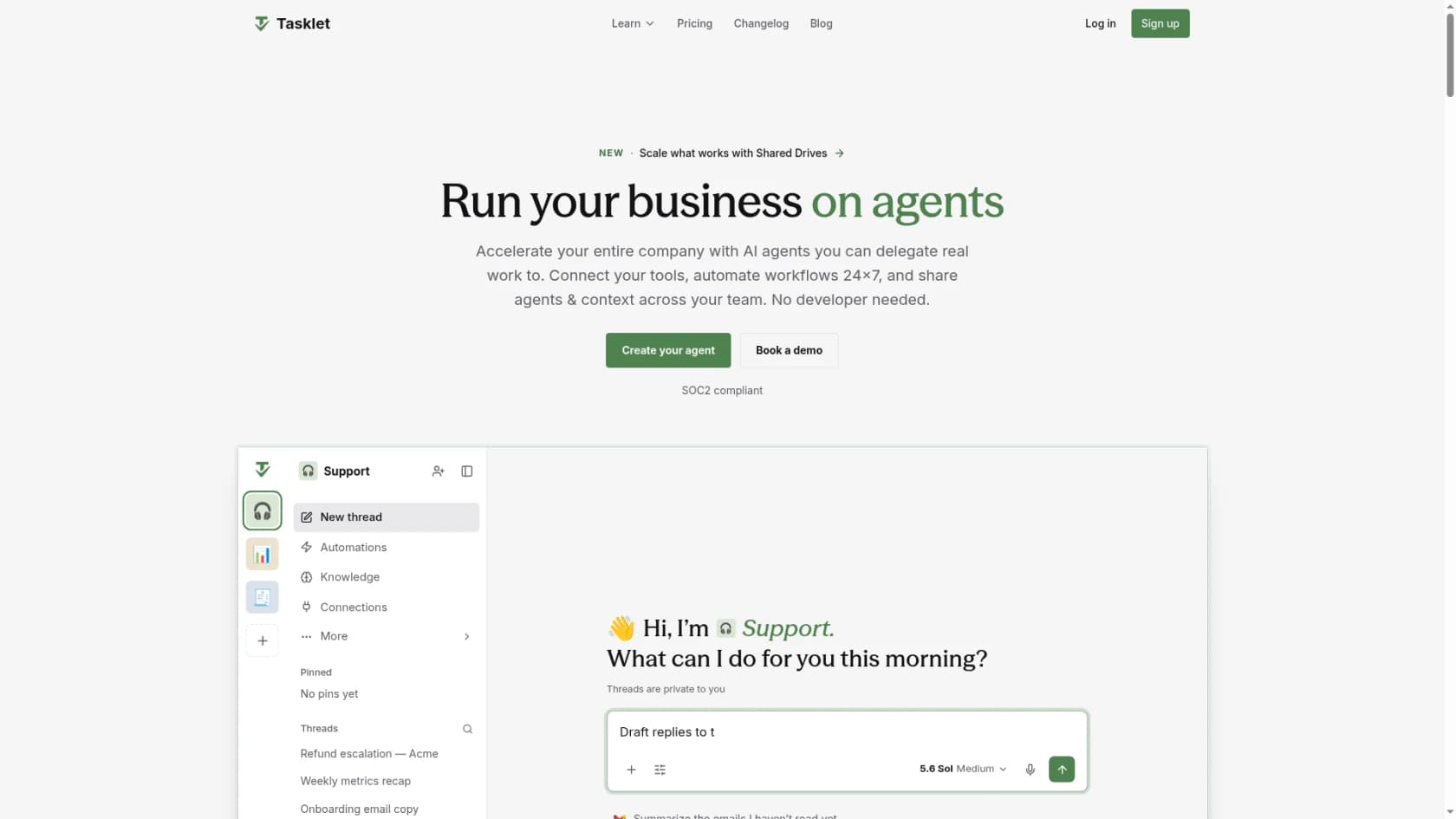 The Tasklet homepage, showing its "agents that own the work" framing and natural-language task creation, as taken from Tasklet