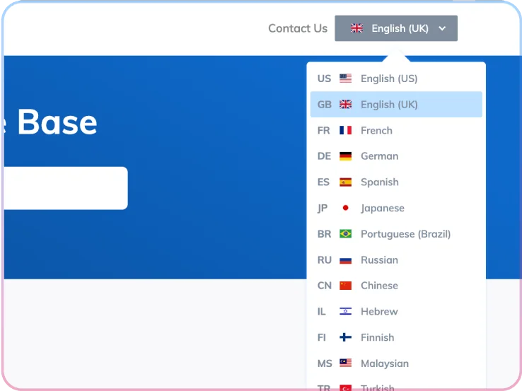 A Helpjuice knowledge base with the language switcher open, showing English UK selected alongside French, German, Spanish, Japanese and more, as taken from Helpjuice