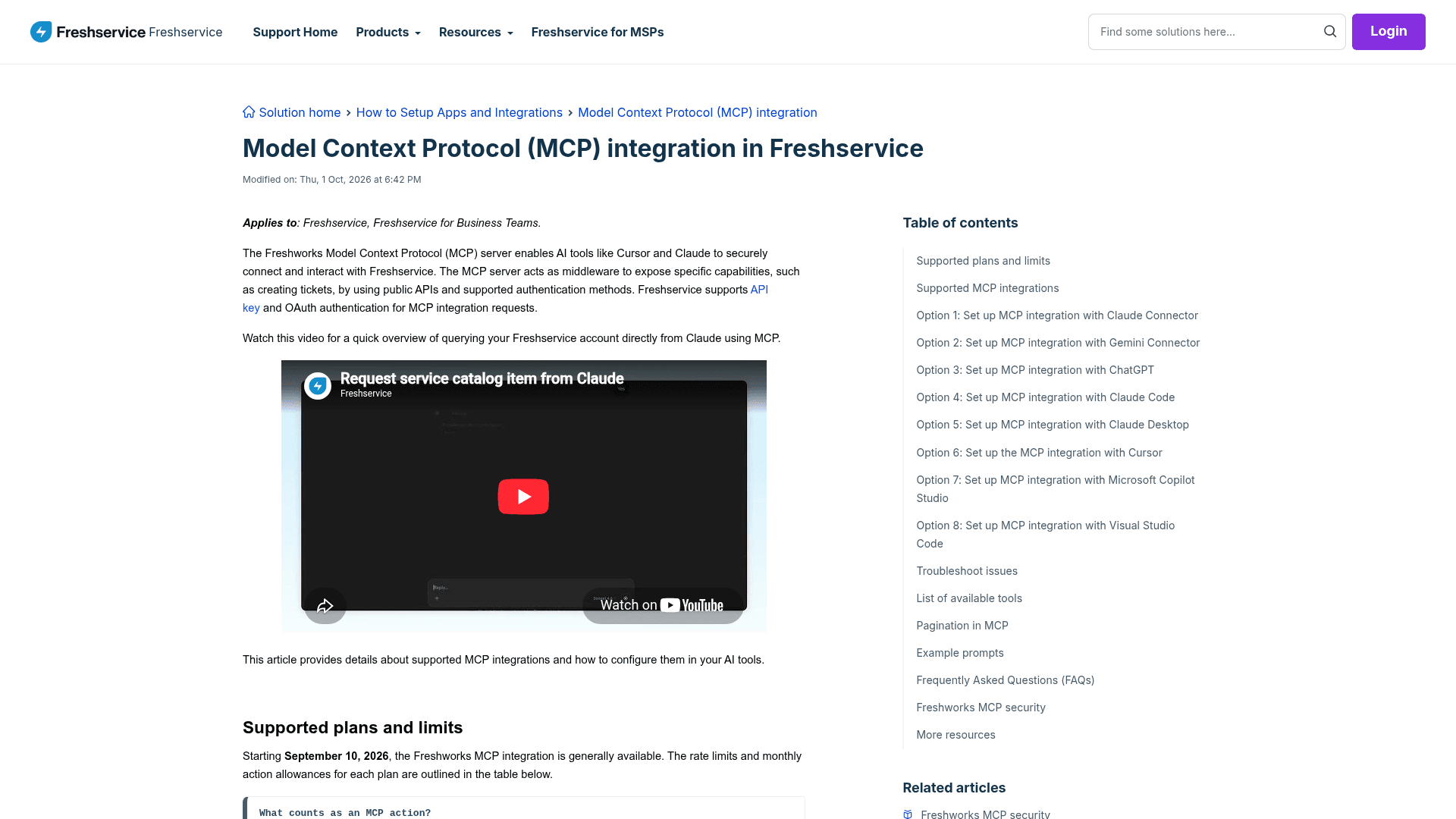 Freshservice's help article on the Model Context Protocol (MCP) integration, listing setup options for Claude, Gemini, ChatGPT, Cursor and Copilot Studio, as taken from Freshservice support