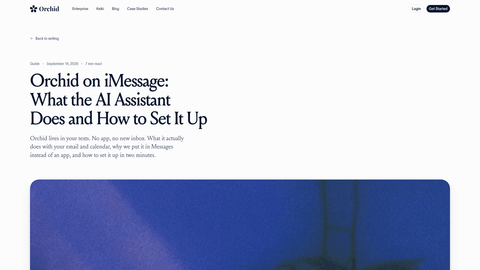 Orchid's guide titled "Orchid on iMessage: What the AI Assistant Does and How to Set It Up," dated September 14, 2026, explaining that Orchid lives in your texts with no app and no new inbox, as captured from orchid.ai