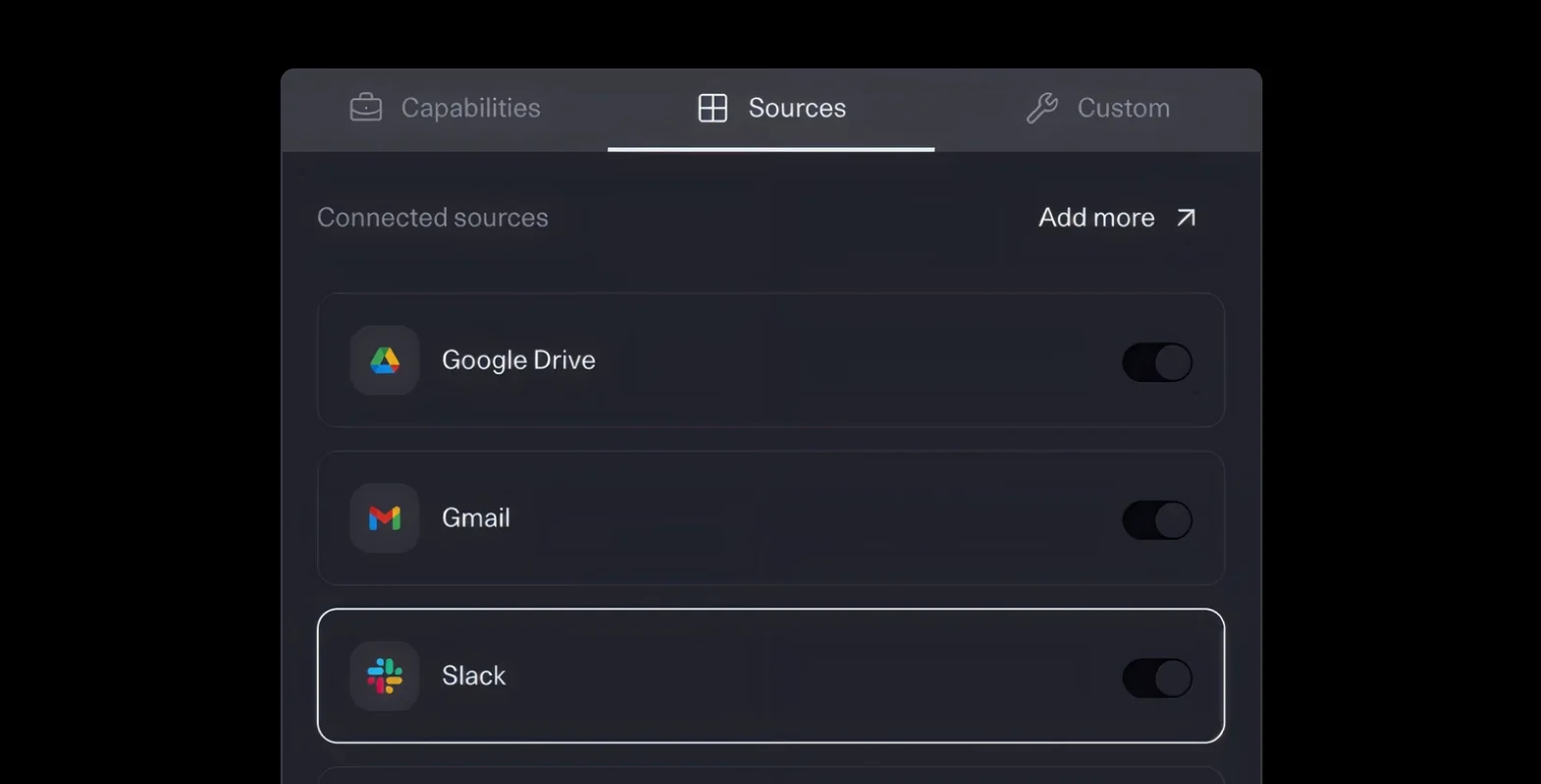 North's connected sources panel listing Google Drive, Gmail and Slack with toggles, as taken from Cohere's CoreWeave customer story