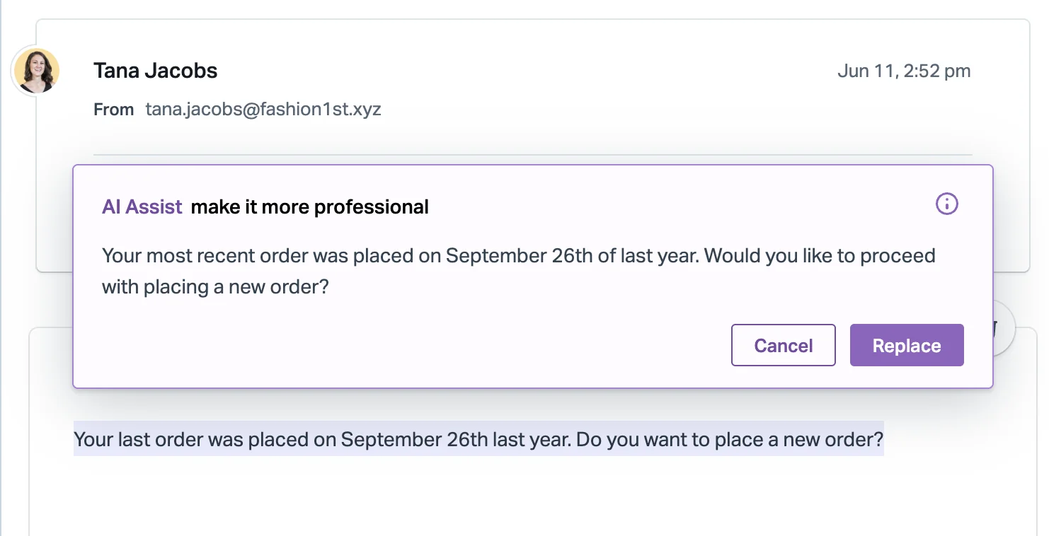 Help Scout AI Assist rewriting a short reply in a more professional tone with Cancel and Replace buttons, as taken from Help Scout's docs
