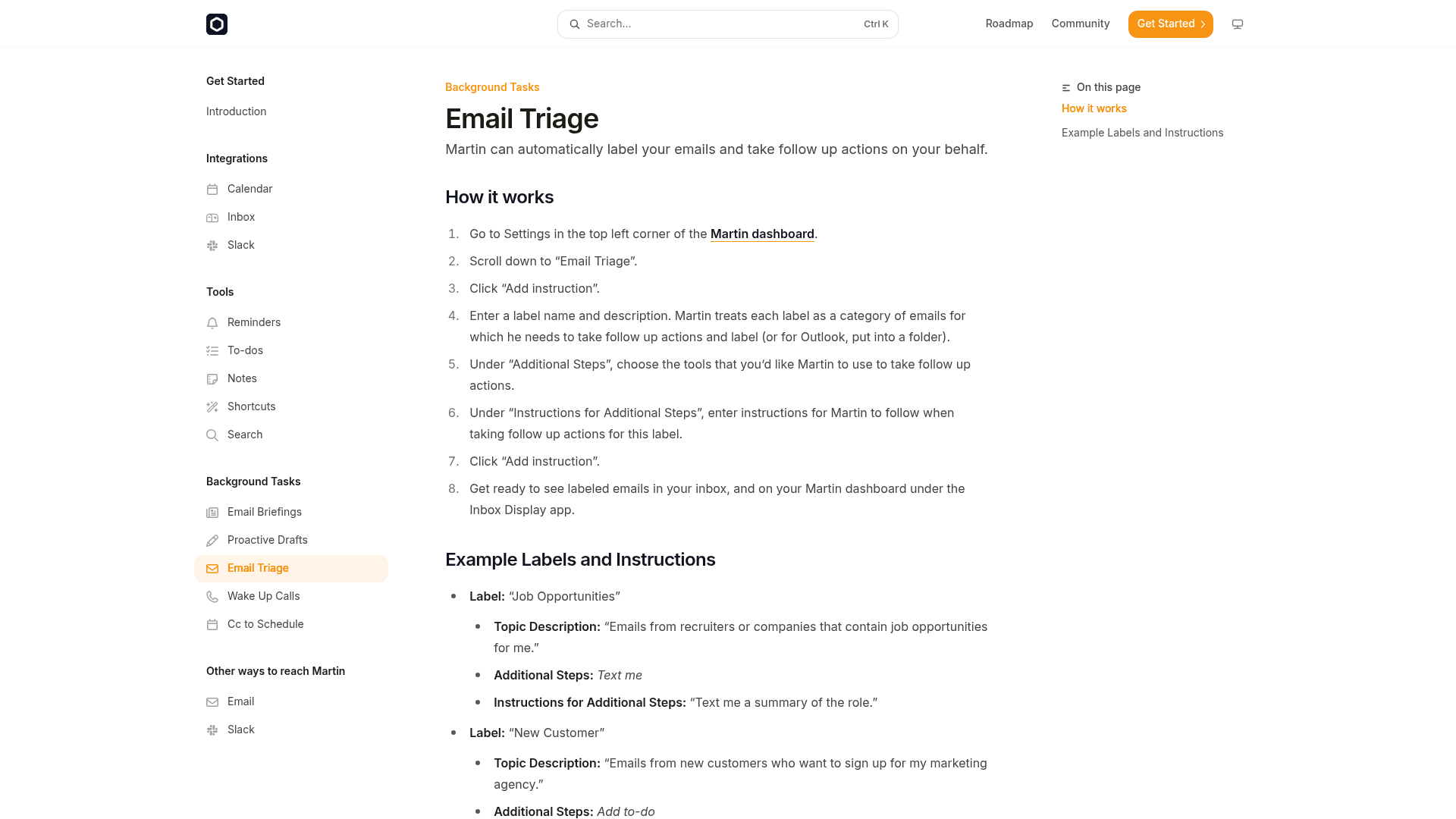 Martin's docs page for Email Triage, showing eight setup steps and example labels such as Job Opportunities and New Customer, as taken from docs.trymartin.com