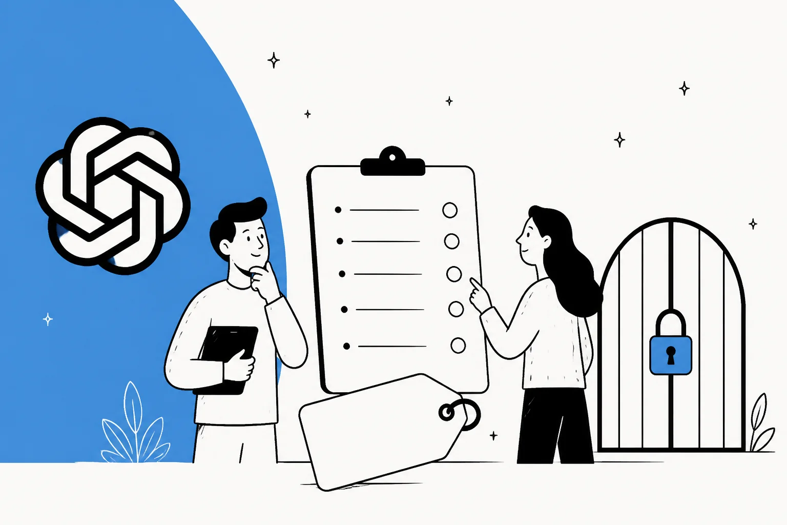 Illustrated hero banner showing a blank price tag beside a locked gate and the OpenAI logo, representing GPT-5.6-Cyber's unpublished pricing