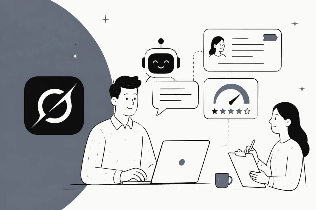 Illustration of a bot scoring closed support tickets against a quality scorecard