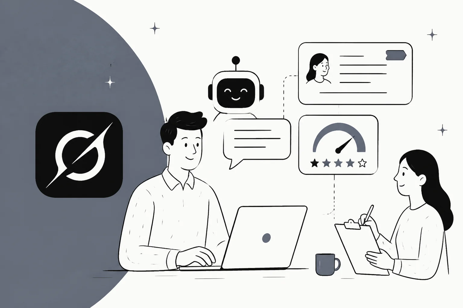 Illustration of a bot scoring closed support tickets against a quality scorecard