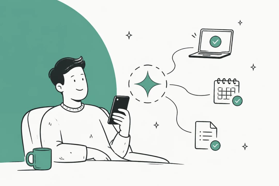 Hand-drawn illustration of a person on a sofa texting a personal AI agent that completes tasks on a laptop, a calendar and a document
