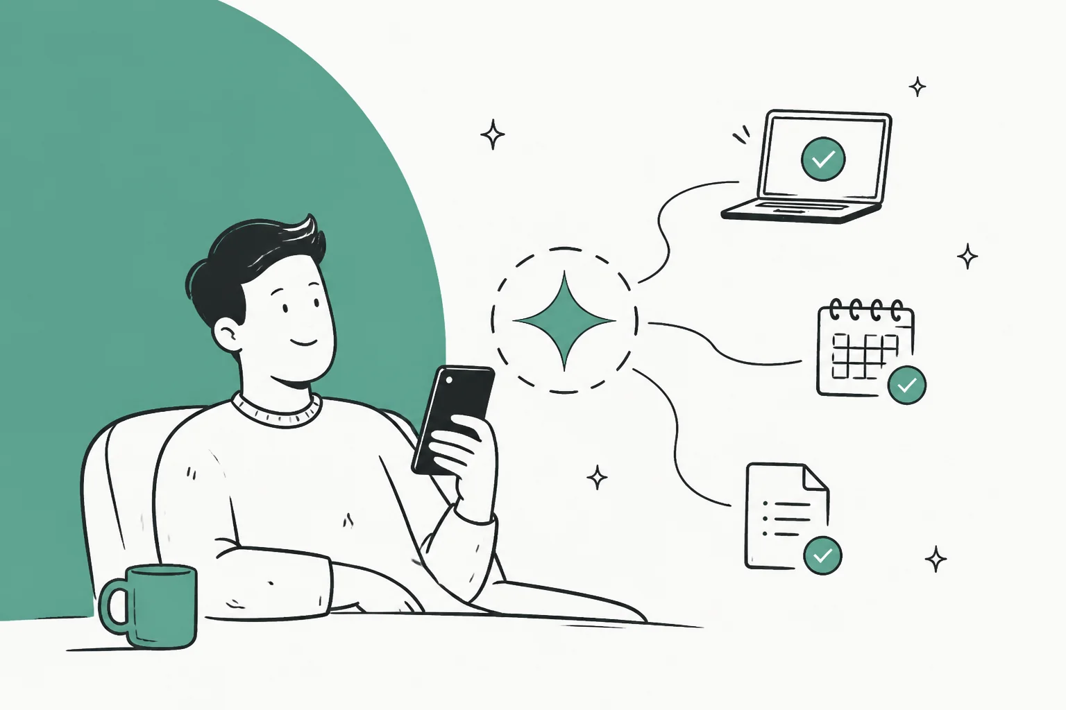 Hand-drawn illustration of a person on a sofa texting a personal AI agent that completes tasks on a laptop, a calendar and a document