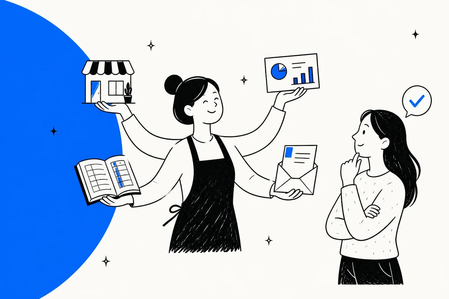Hand-drawn illustration of a small shop owner juggling a storefront, a ledger, a sales chart and an email while a second person looks on, ready to approve