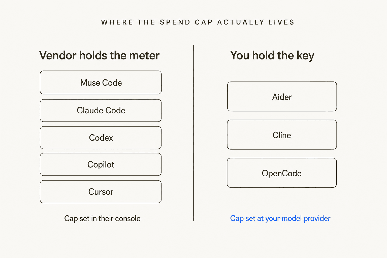 Diagram showing which tools meter you in their own console and which let you set the cap at your model provider