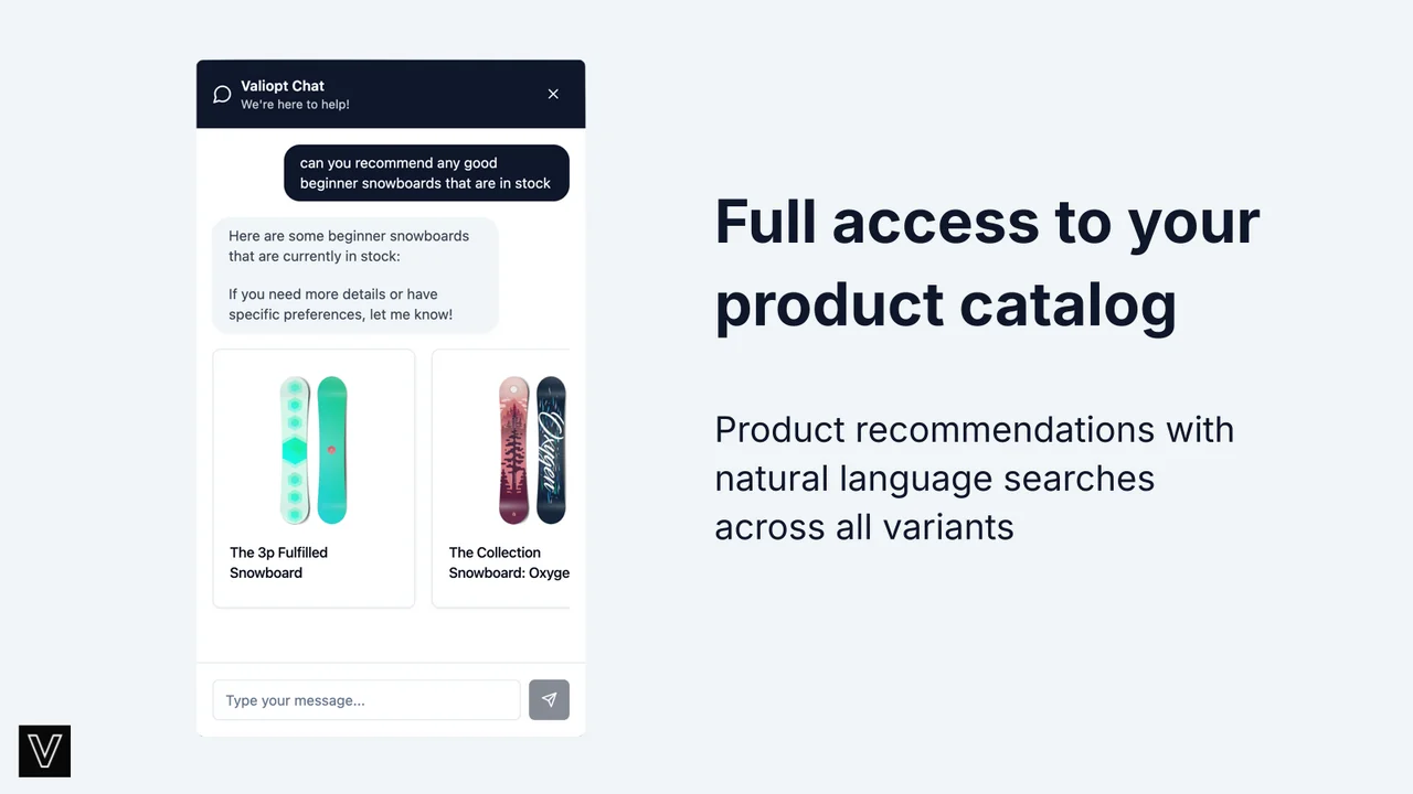ValiOpt's chat widget recommending in-stock snowboards from the live product catalog, as shown on ValiOpt's own site