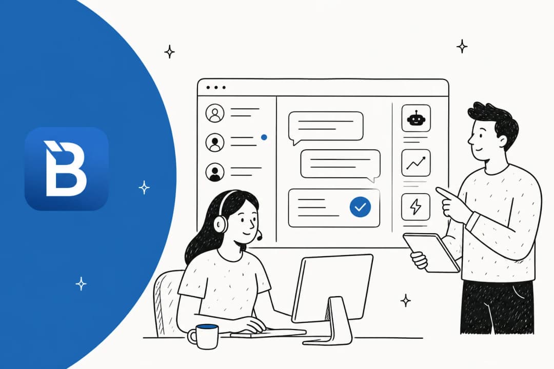 Illustration of a support agent and a manager reviewing an omnichannel AI support platform, with the BlueTweak logo