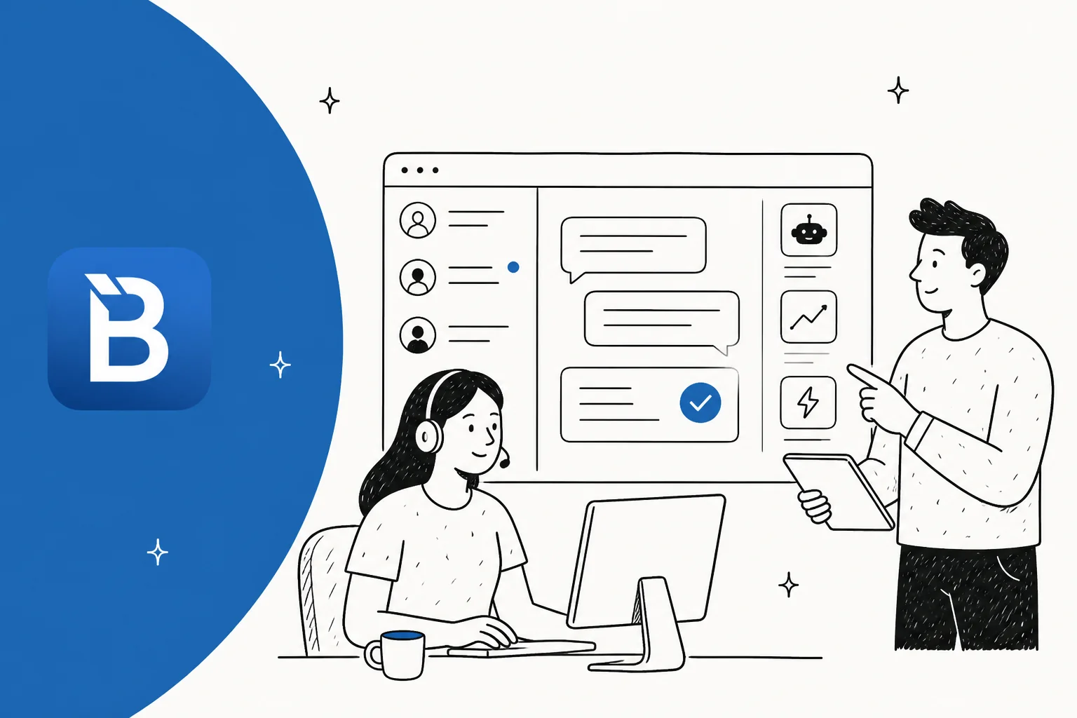 Illustration of a support agent and a manager reviewing an omnichannel AI support platform, with the BlueTweak logo