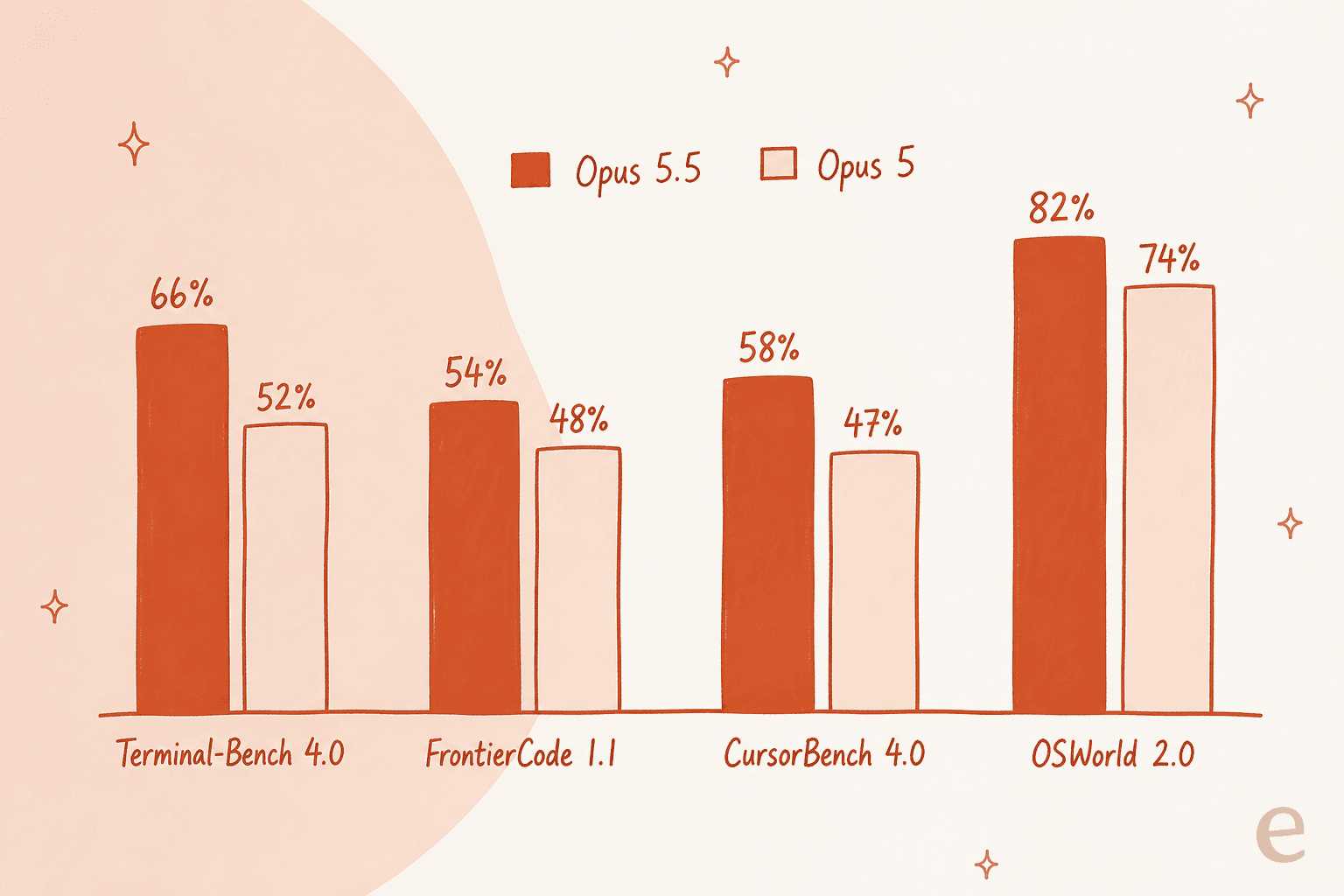 Grouped bar chart comparing Claude Opus 5.5 against Claude Opus 5 across four coding benchmarks, showing Opus 5.5 higher on every one