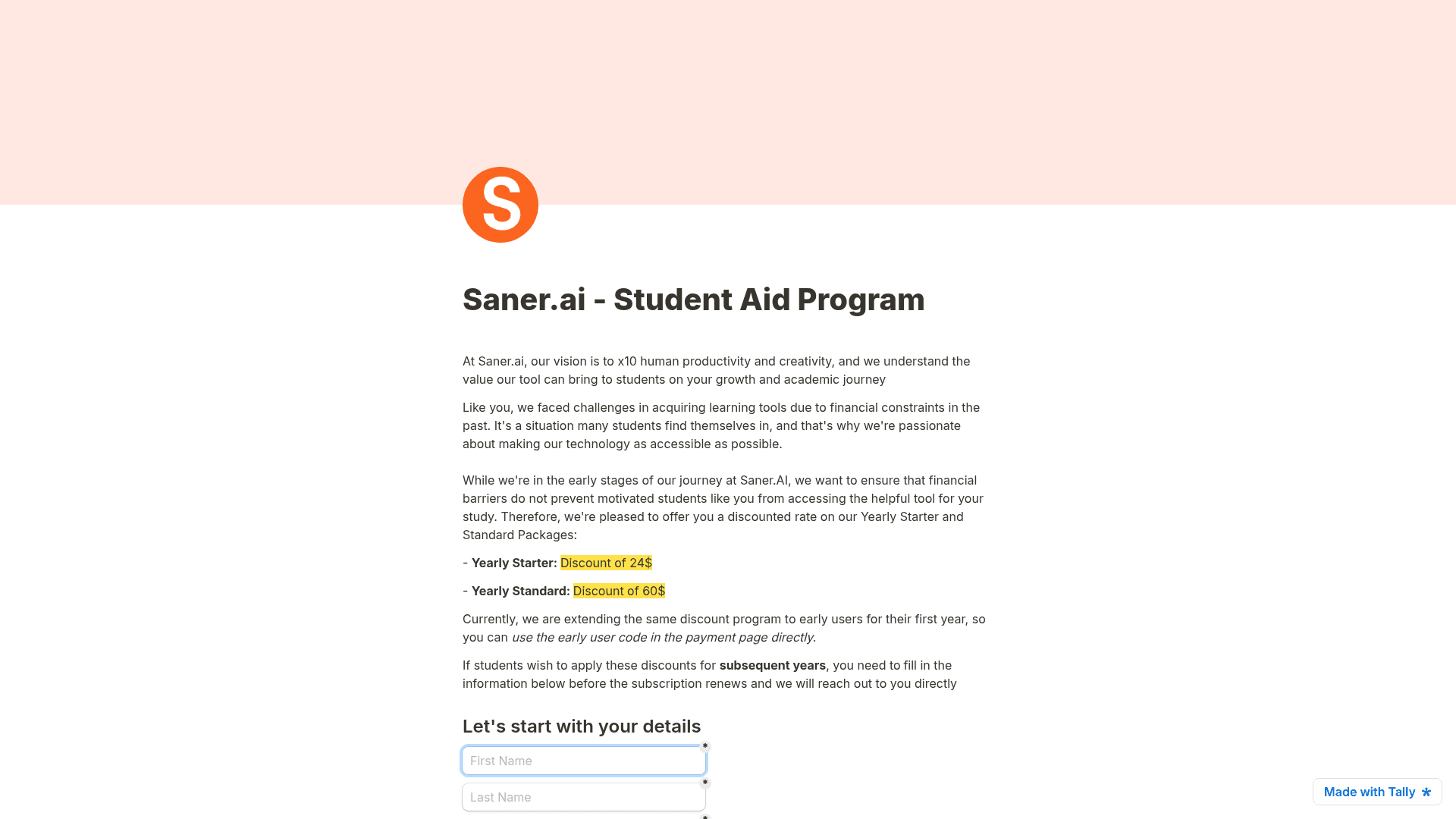 The Saner.AI Student Aid Program form stating a $24 discount on yearly Starter and $60 on yearly Standard, as taken from the application form