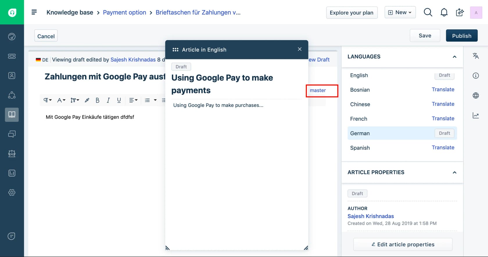 Freshdesk's article editor with a German draft on the left, a Show Master pane showing the English original, and a Languages panel listing Bosnian, Chinese, French and Spanish with Translate links, as taken from Freshdesk's multilingual knowledge base guide