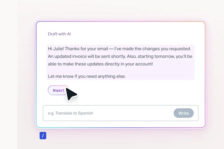 Help Scout's AI Draft composing a customer reply with an Insert button