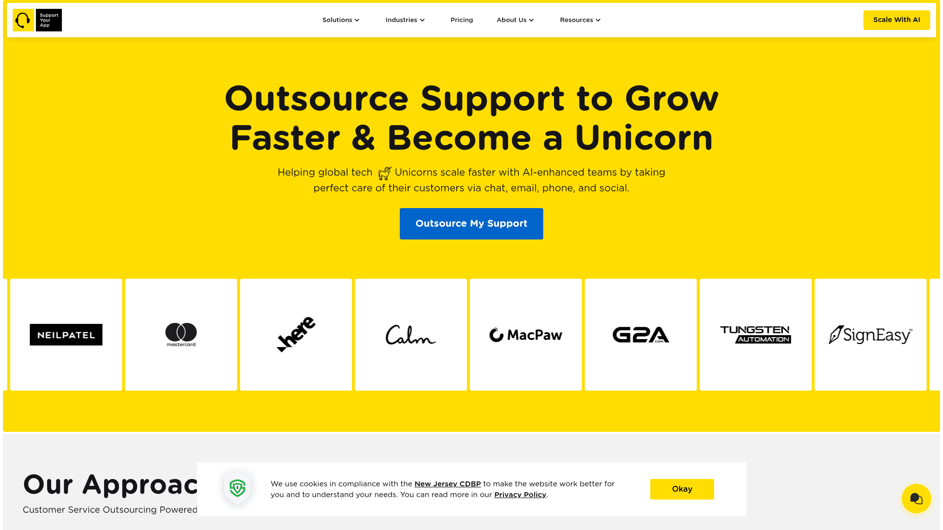 The SupportYourApp homepage describing AI-enhanced customer support outsourcing, as taken from SupportYourApp