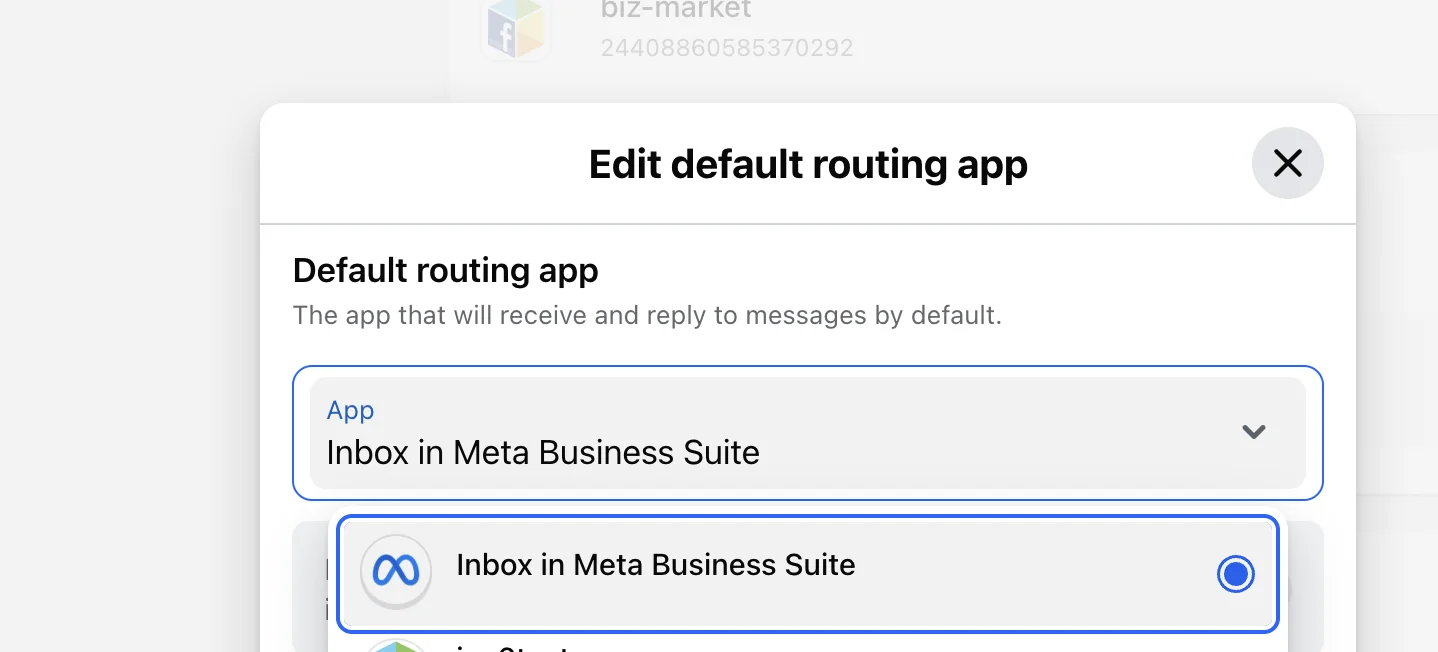 Meta's Edit default routing app dialog with Inbox in Meta Business Suite selected, as shown in Meta's Instagram Conversation Routing docs