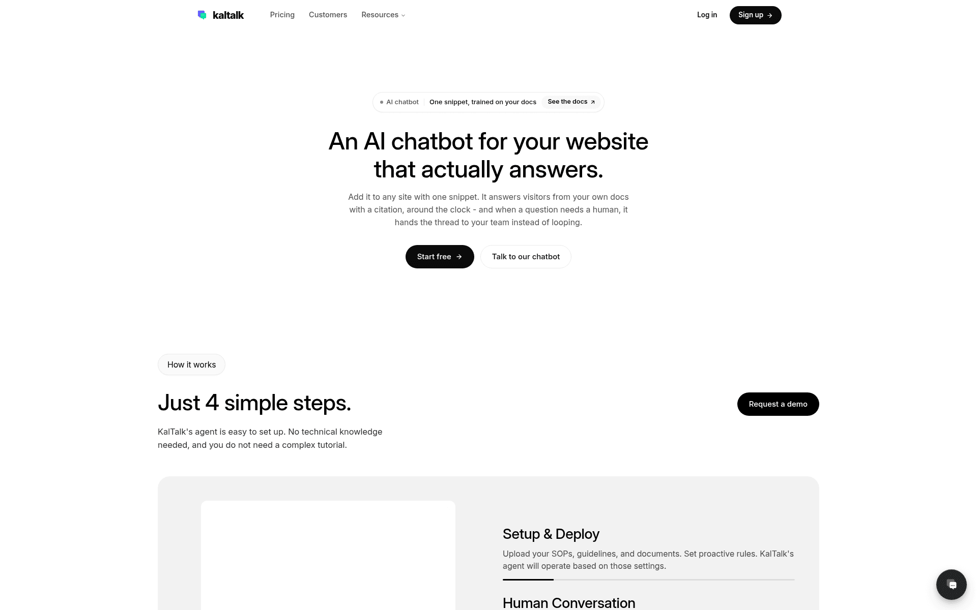 KalTalk's AI chatbot product page, describing an agent trained on your own docs that hands threads to a human when needed