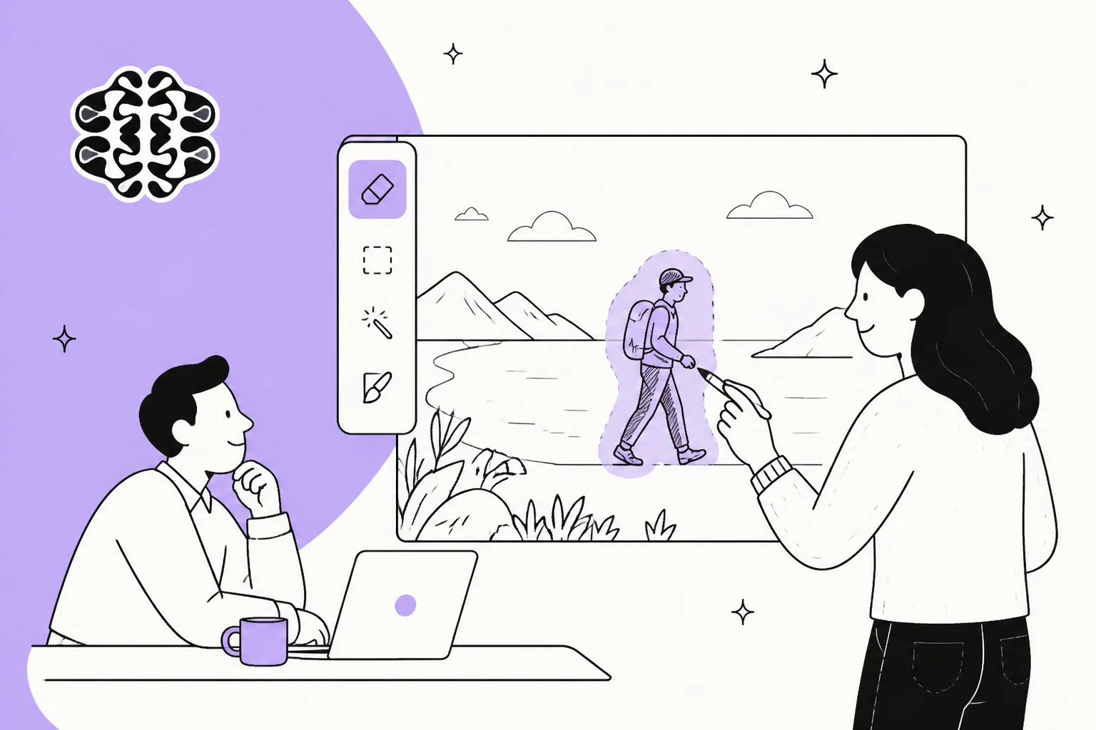 Two people at an editing canvas with the eraser tool selected, brushing an object out of a landscape photo, in Ideogram's lavender brand colour