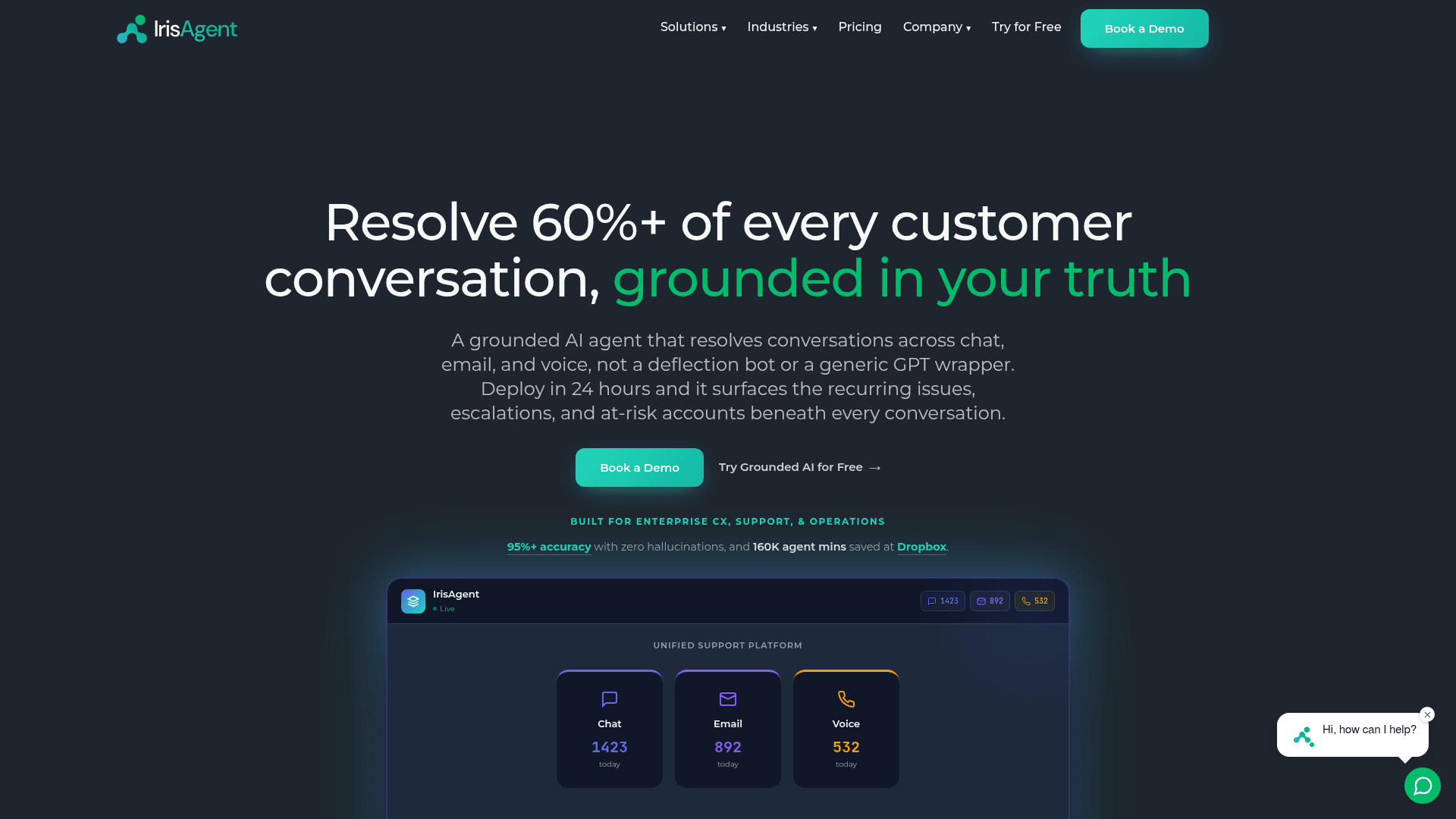 The IrisAgent homepage, showing a grounded AI agent across chat, email, and voice, as taken from IrisAgent