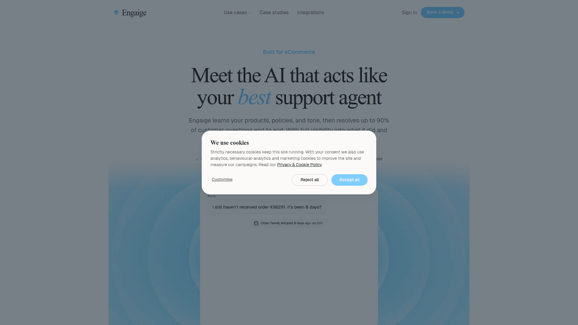 The Engaige homepage, showing an agent looking up order #38291 in Shopify, reading DHL tracking history, and creating a replacement order, as taken from Engaige